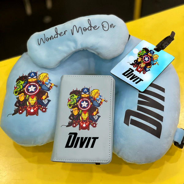 Personalized 4-in-1 Travel Essentials Set – Passport Cover, Luggage Tag, Eye Mask & Neck Pillow